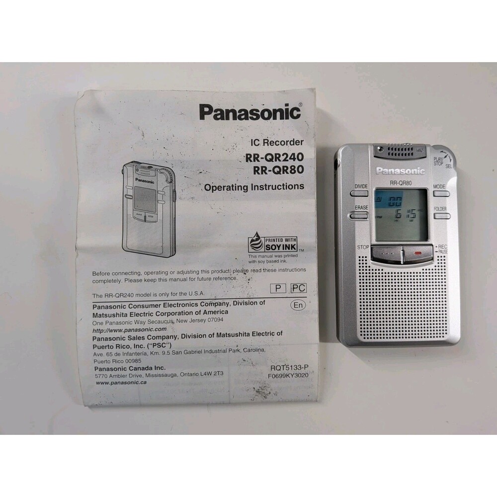 Panasonic RR-QR80 Digital IC Voice Recorder Dictaphone Tested Works w/ Manual